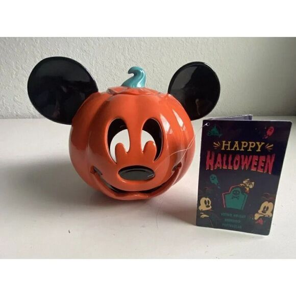Disney Other - Disney Parks Mickey Mouse Halloween Pumpkin Votive Candle Holder Ceramic NEW‎